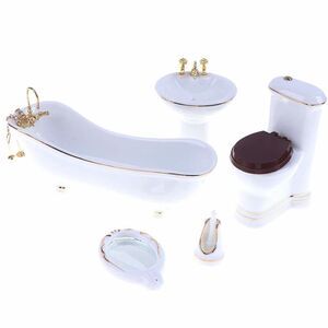 1:12 Dollhouse Miniature Porcelain Bathroom Set 5 Pcs White Ceramic Toilet Basi